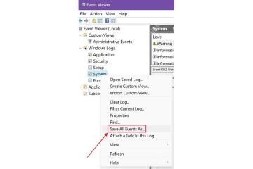 Win10 事件查看器中选中系统日志准备导出全部事件