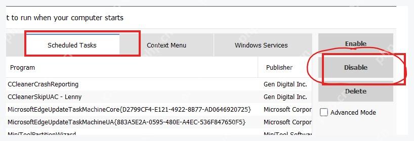 CCleaner Windows 电脑端 Scheduled Tasks 页面右侧 Disable 按钮