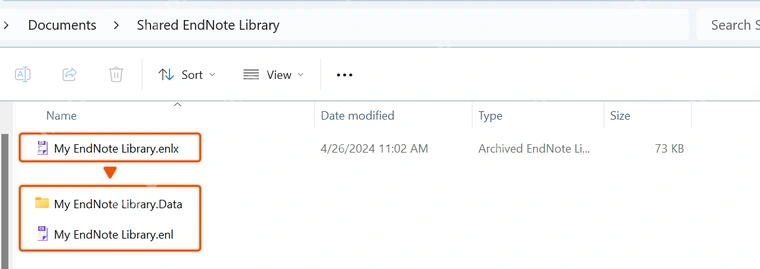 Windows 文件资源管理器显示 EndNote Library enlx 文件以及同名 Data 文件夹和 enl 文件