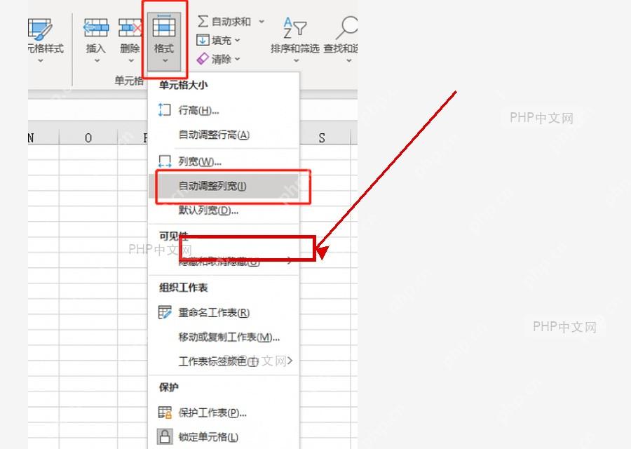 Excel 开始选项卡格式菜单中默认列宽入口被标出