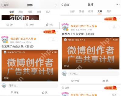 微博个人主页文章列表里的头条文章结果