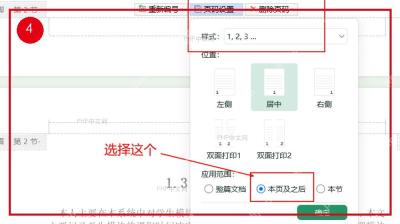 WPS 文字页码设置窗口中选择从本页及之后开始编号