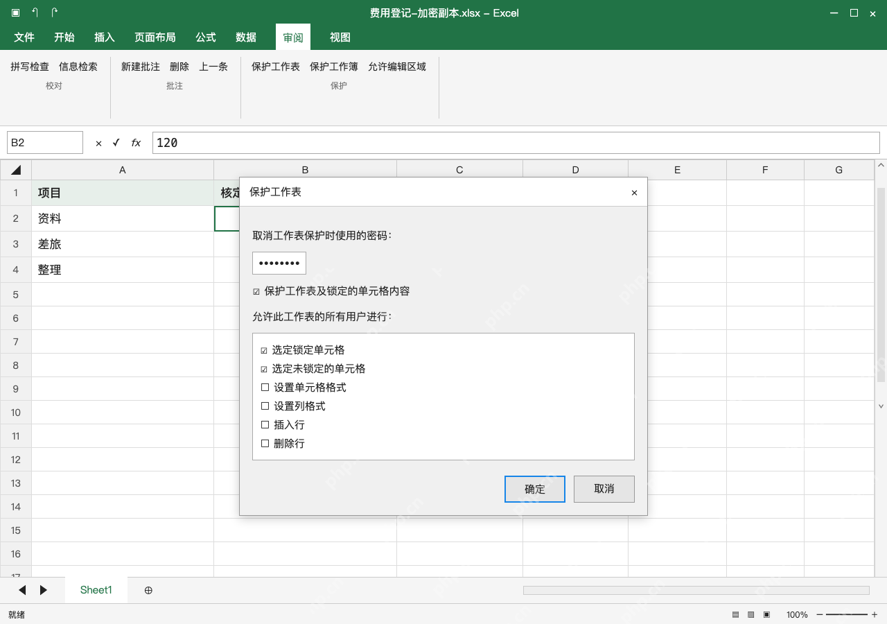 模拟 Microsoft Excel 完整窗口:启用保护工作表,核对允许执行的动作