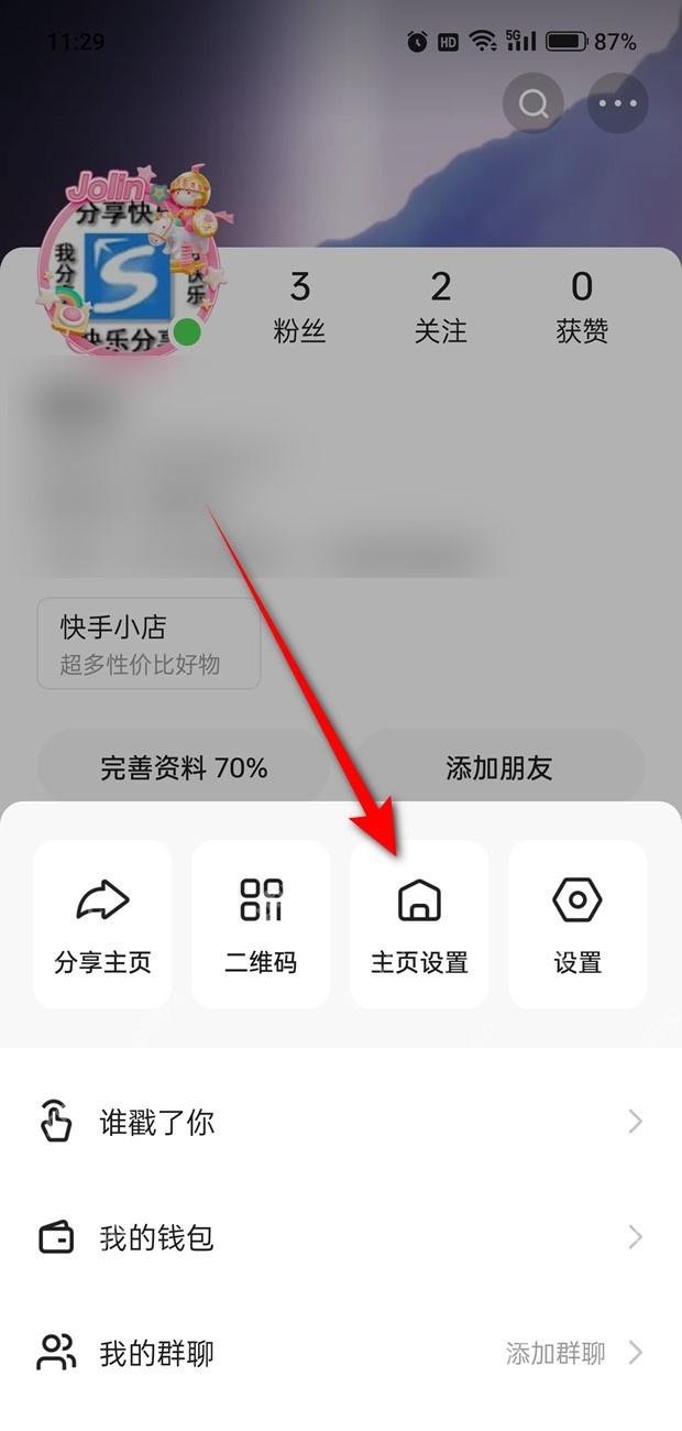 快手个人主页三点菜单中用红箭头标出主页设置入口