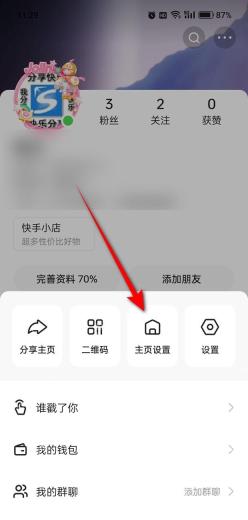 快手个人主页三点菜单中用红箭头标出主页设置入口