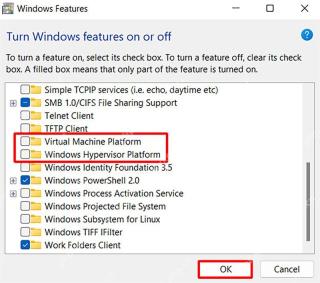 Windows Features 窗口中 Virtual Machine Platform 和 Windows Hypervisor Platform 未勾选并被框出