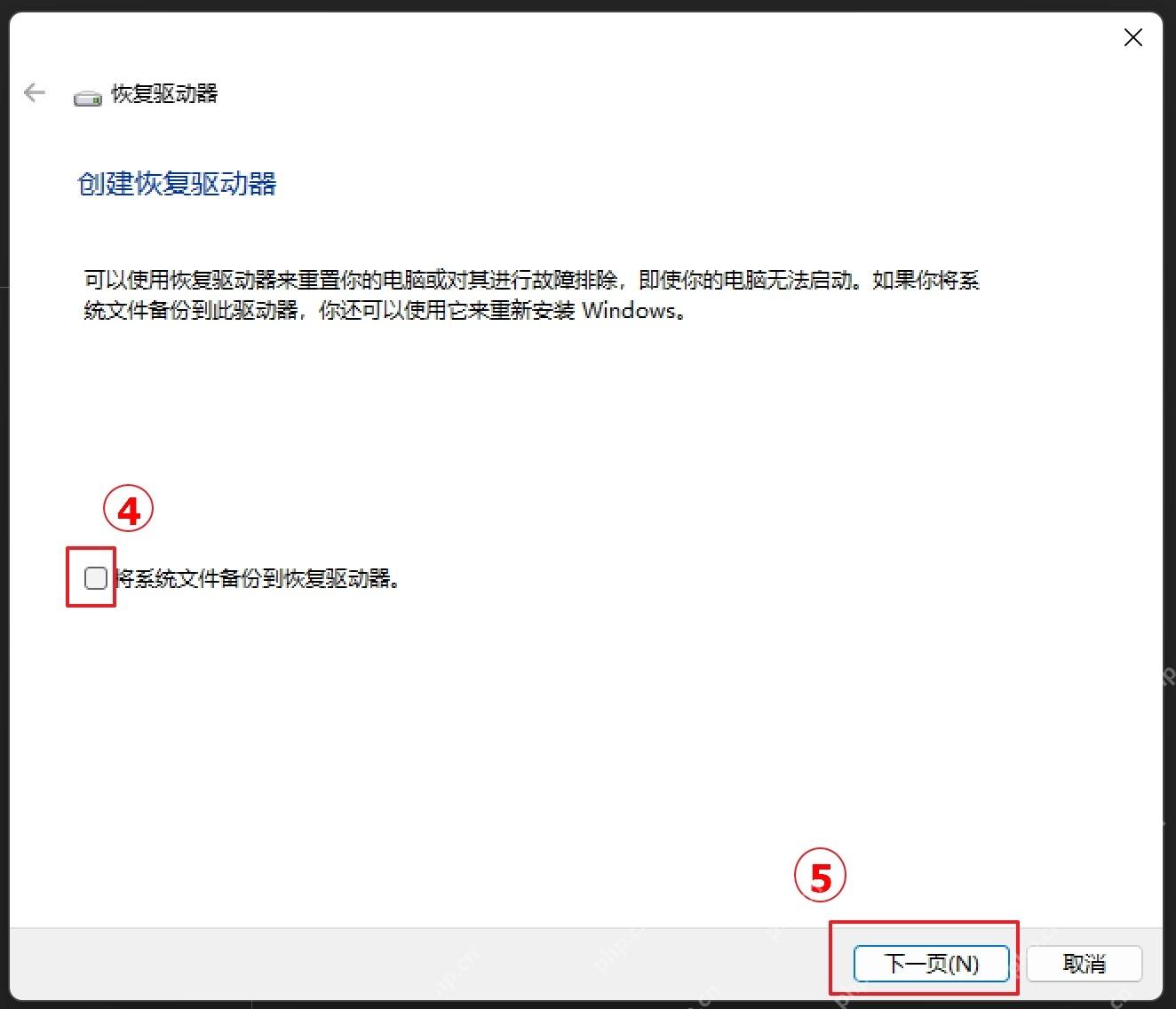 Windows 恢复驱动器向导显示备份系统文件复选框和下一页按钮