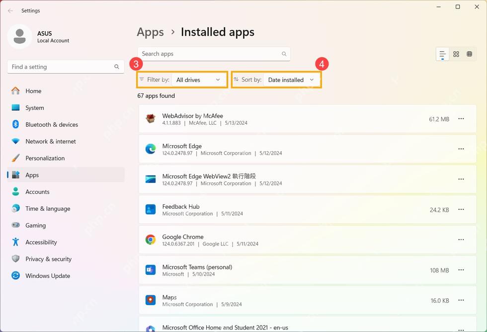 Win11 设置已安装的应用页面按安装日期排序