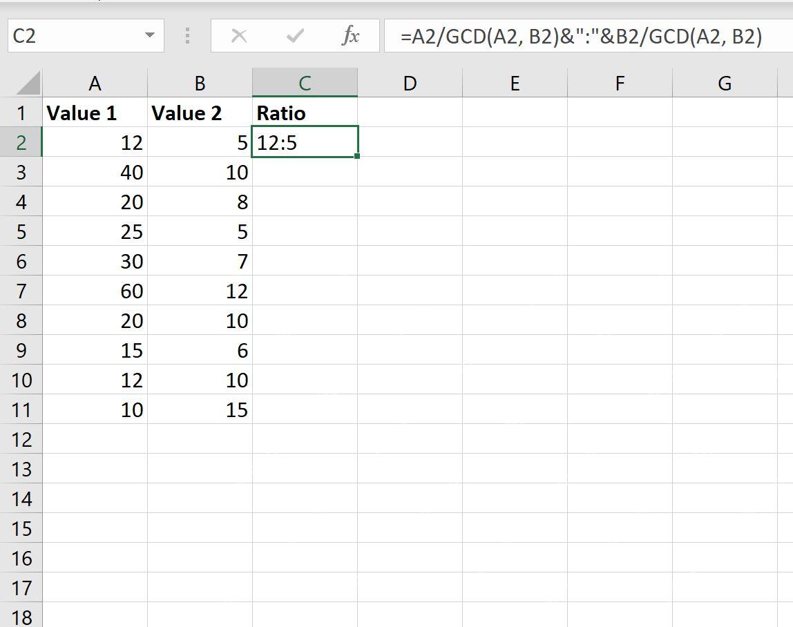 Excel 公式栏输入 GCD 比例公式并显示 12 比 5