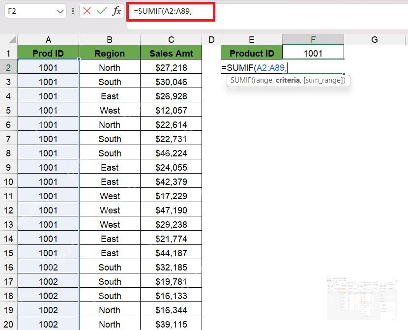 Excel SUMIF 公式选择条件区域 A2 到 A89