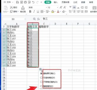 WPS表格中给出张三样例并在填充选项里选择智能填充提取文字