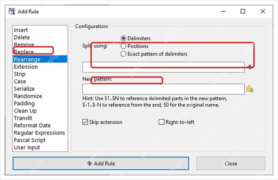 ReNamer Rearrange 规则窗口显示 Delimiters、Split using 和 New pattern。