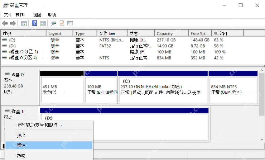磁盘管理里右键移动磁盘并打开属性
