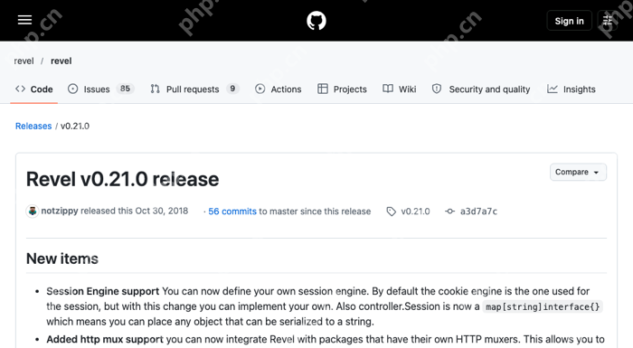 GitHub 上 Revel 官方 v0.21.0 发行记录列出 Session Engine support 和 Added http mux support,证明该版本新增能力