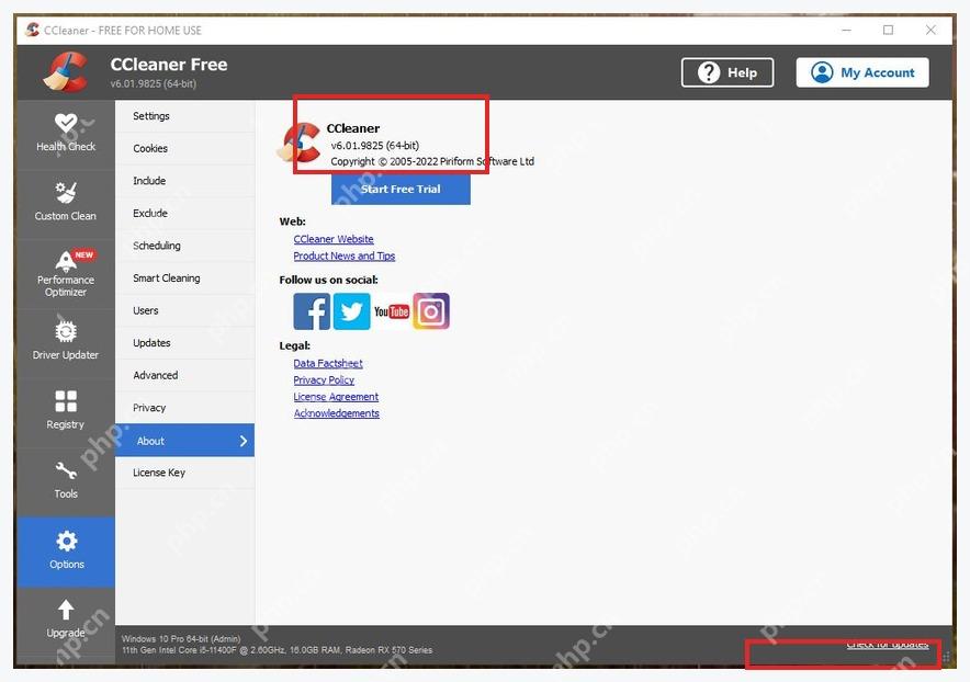 CCleaner Windows 电脑端 About 页面版本信息和 Check for updates
