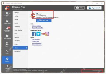 CCleaner Windows 电脑端 About 页面版本信息和 Check for updates