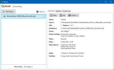 HandBrake Windows队列窗口核对待处理任务与目标文件的英文操作截图