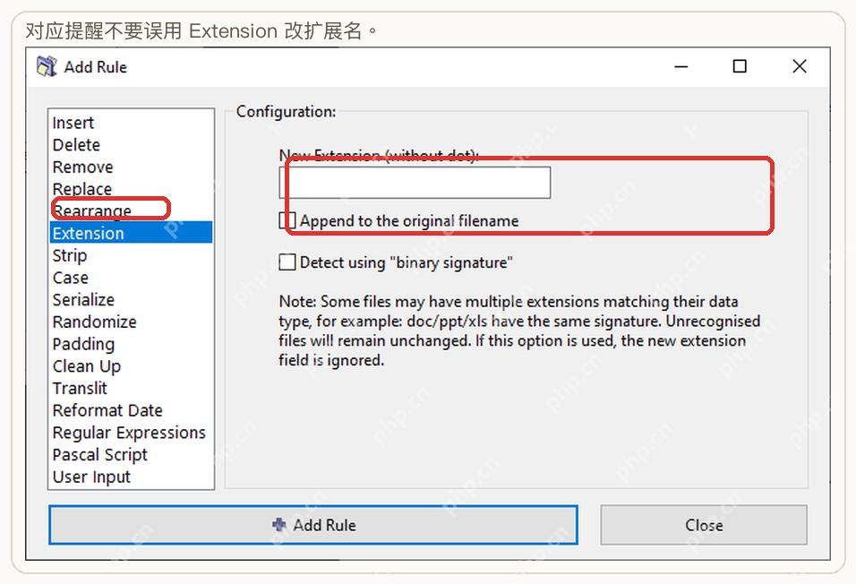 ReNamer Extension 规则用于设置新扩展名。