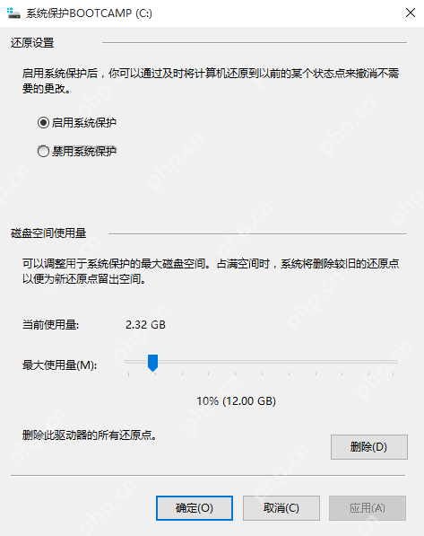 Windows 系统保护配置窗口