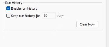 运行历史开关和 Clear Now 按钮位于下方区域。 Everything History 页面下方,Enable run history、Keep run history 和 Clear Now 按钮可见。