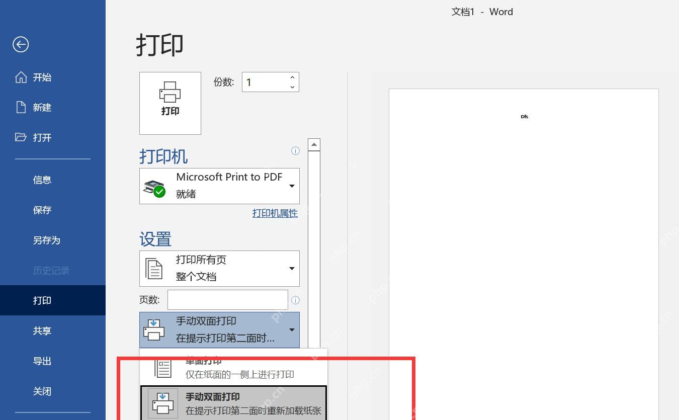 Word打印设置中选择手动双面打印或双面打印选项