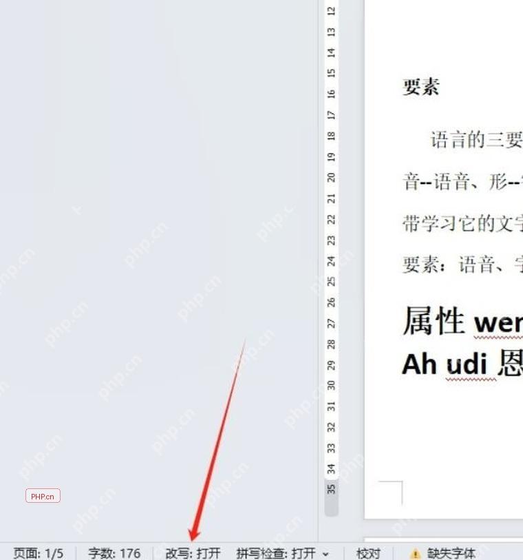WPS 文字底部状态栏显示改写打开的开关位置