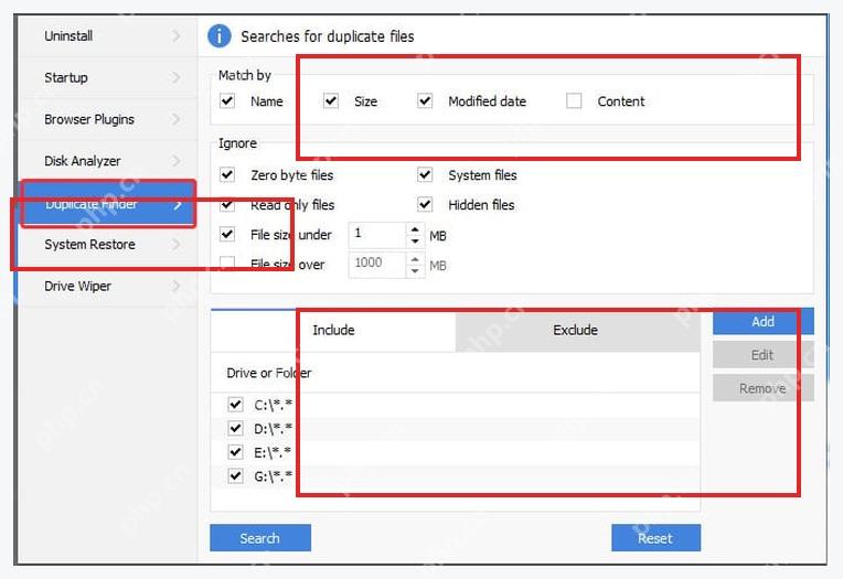 CCleaner Windows 电脑端 Tools Duplicate Finder 页面里的 Match by 和 Include 区域