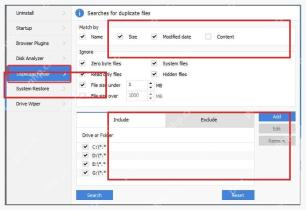 CCleaner Windows 电脑端 Tools Duplicate Finder 页面里的 Match by 和 Include 区域