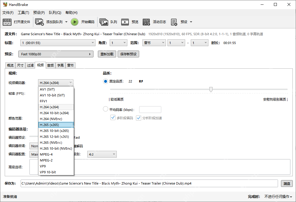 HandBrake Windows视频选项卡显示编码器和恒定质量选项的操作截图