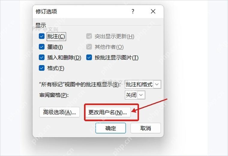 Word修订选项窗口中的更改用户名按钮
