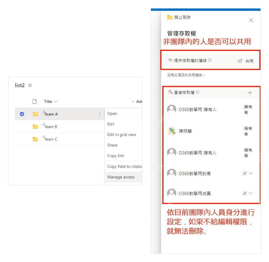 SharePoint 文件夹管理访问权中检查直接访问成员和共享链接