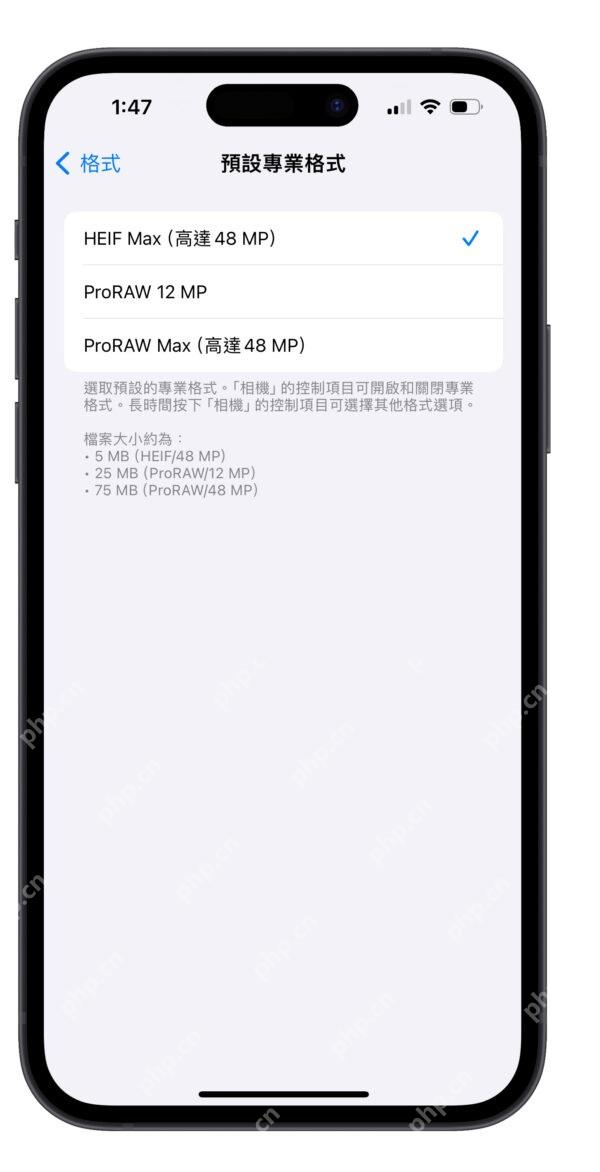 iPhone 默认专业格式页面列出 HEIF Max ProRAW 12 MP 和 ProRAW Max 选项