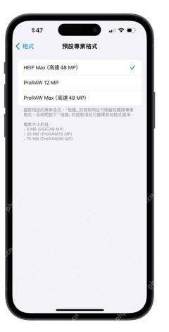 iPhone 默认专业格式页面列出 HEIF Max ProRAW 12 MP 和 ProRAW Max 选项