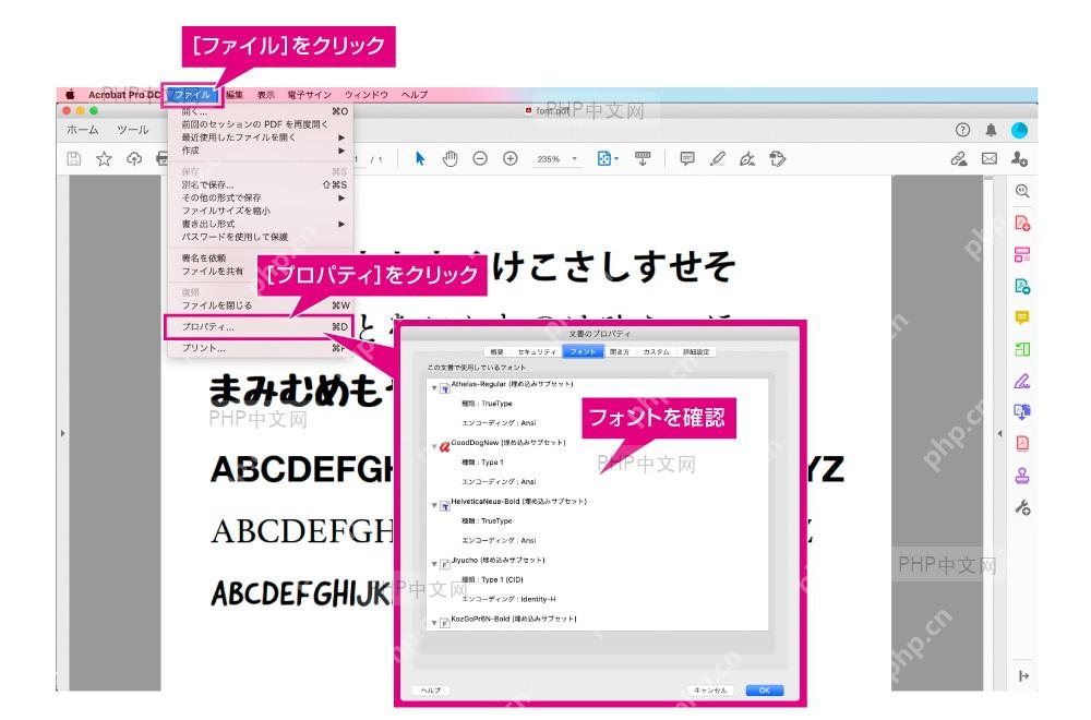 Acrobat 文档属性字体页检查 PDF 中使用的字体类型