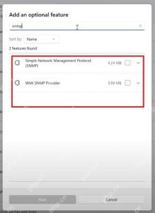 Win11 添加可选功能中搜索 SNMP 并选择简单网络管理协议