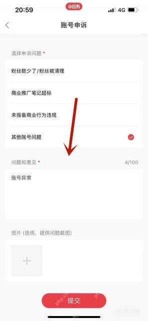 小红书账号申诉表单页面,用于填写异常原因和提交材料