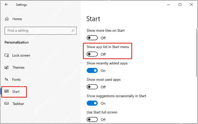 Win10 Start 设置中 Show app list in Start menu 开关处于 Off