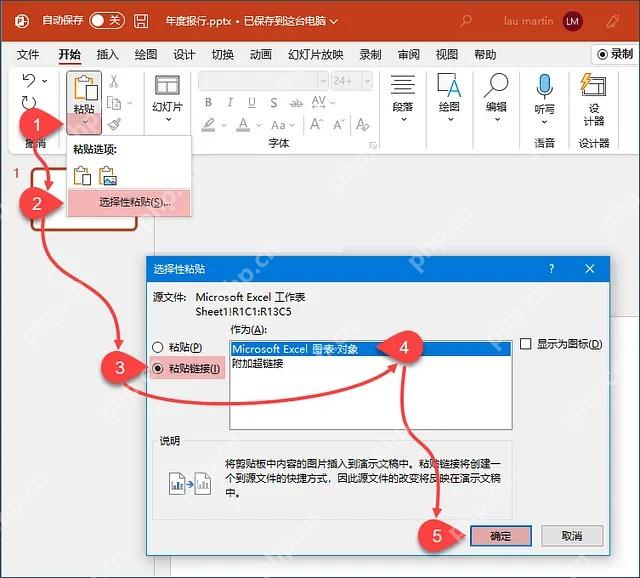 PowerPoint 选择性粘贴中选择粘贴链接图表对象