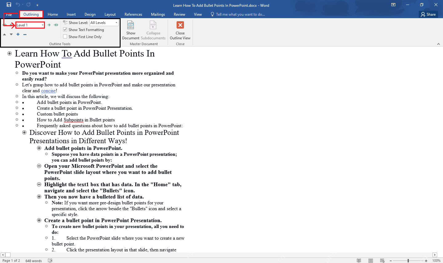 Word 文档中检查标题层级和正文内容是否适合导入 PowerPoint