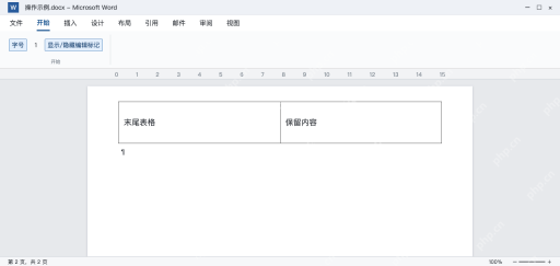模拟 Word表格后结束段落保留，字号设置为1