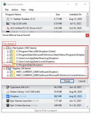 Geek Uninstaller 残留扫描窗口中的 File System 和 Registry 区域