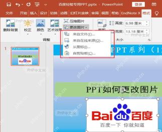 PowerPoint 图片格式中的更改图片菜单已展开，可选择来自文件替换图片