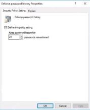 Win10 Enforce password history 属性中设置 24 passwords remembered