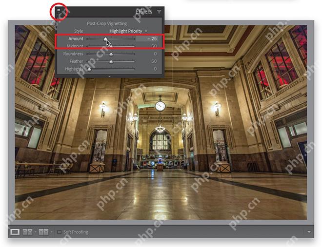 Lightroom Classic Windows 版英文效果面板裁剪后暗角数量设为负值,照片边缘开始变暗