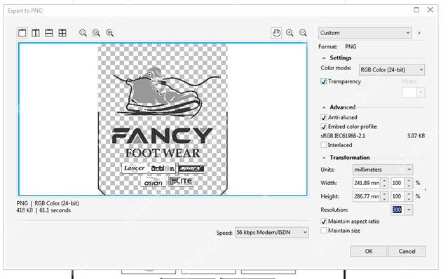Windows 桌面 CorelDRAW PNG 导出预览显示透明棋盘格背景和对象轮廓,证明透明背景 PNG 的最终预览已经去掉白底。