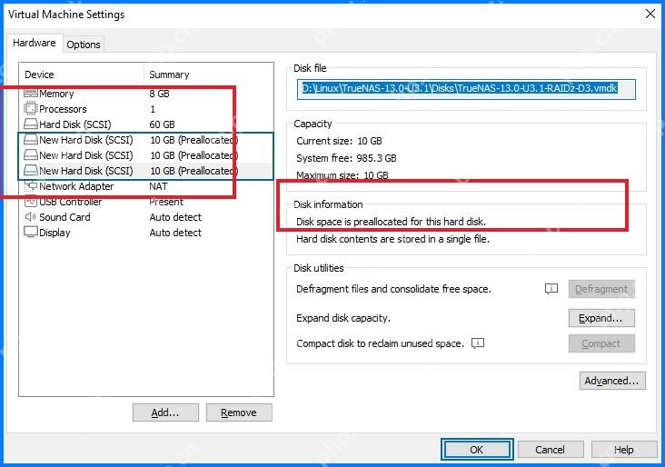 VMware Workstation Hard Disk 设置中显示 Disk space is preallocated