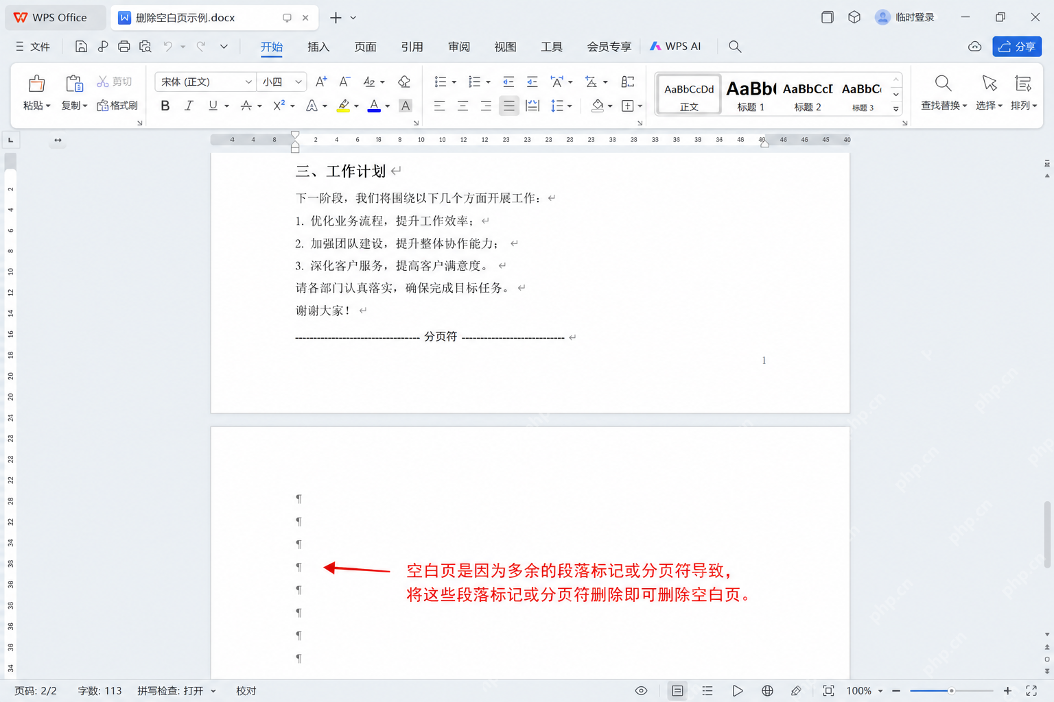 WPS 文字打开格式标记后看到空白页由分页符和段落标记造成