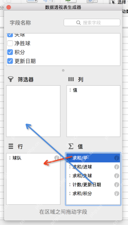 Excel 数据透视表生成器中字段列表和行、列、值、筛选器区域