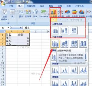 Excel 插入选项卡中展开柱形图菜单并选择二维柱形图样式
