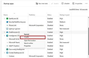 Windows任务管理器Startup apps中对OneDrive.exe选择Disable关闭开机启动